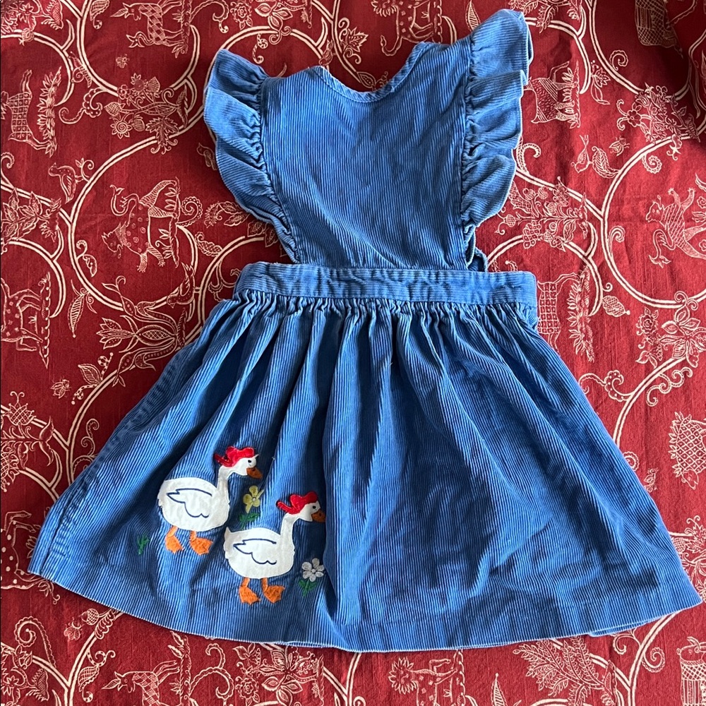 Vintage ruffled overall Blue Corduroy Dress with duck Embroidery